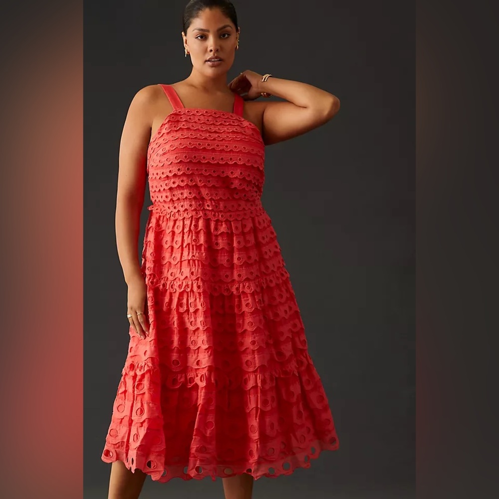 Maeve Red Eyelet Tiered Midi Dress